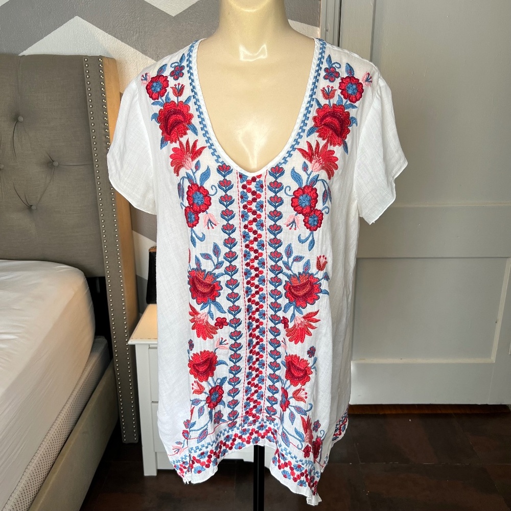 Johnny Was Floral Embroidered V Neck Top, White, Bright Colors